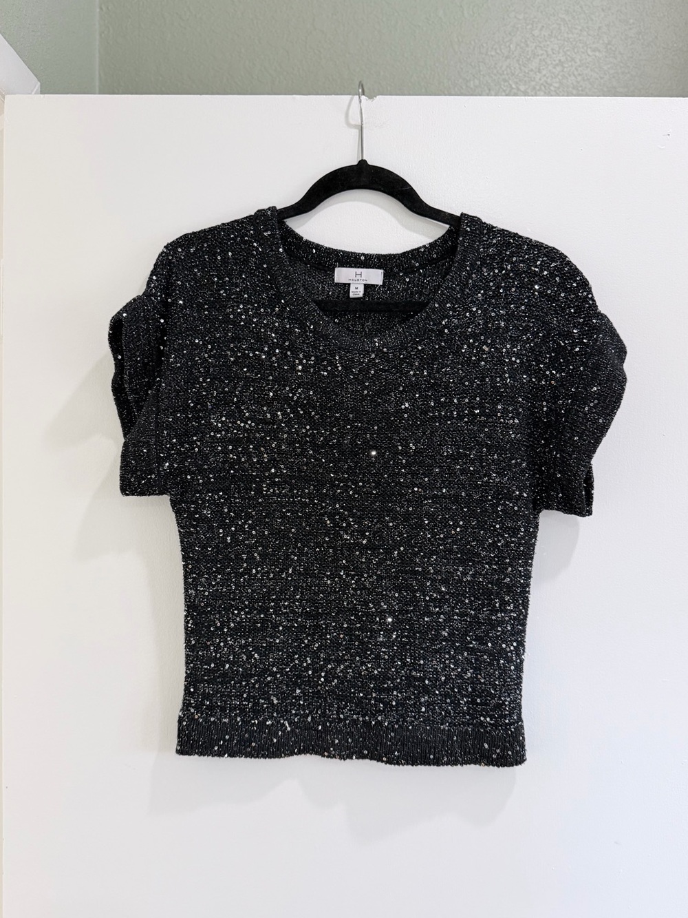 Halston Heritage Black Speckled Puff Sleeve Knit Top